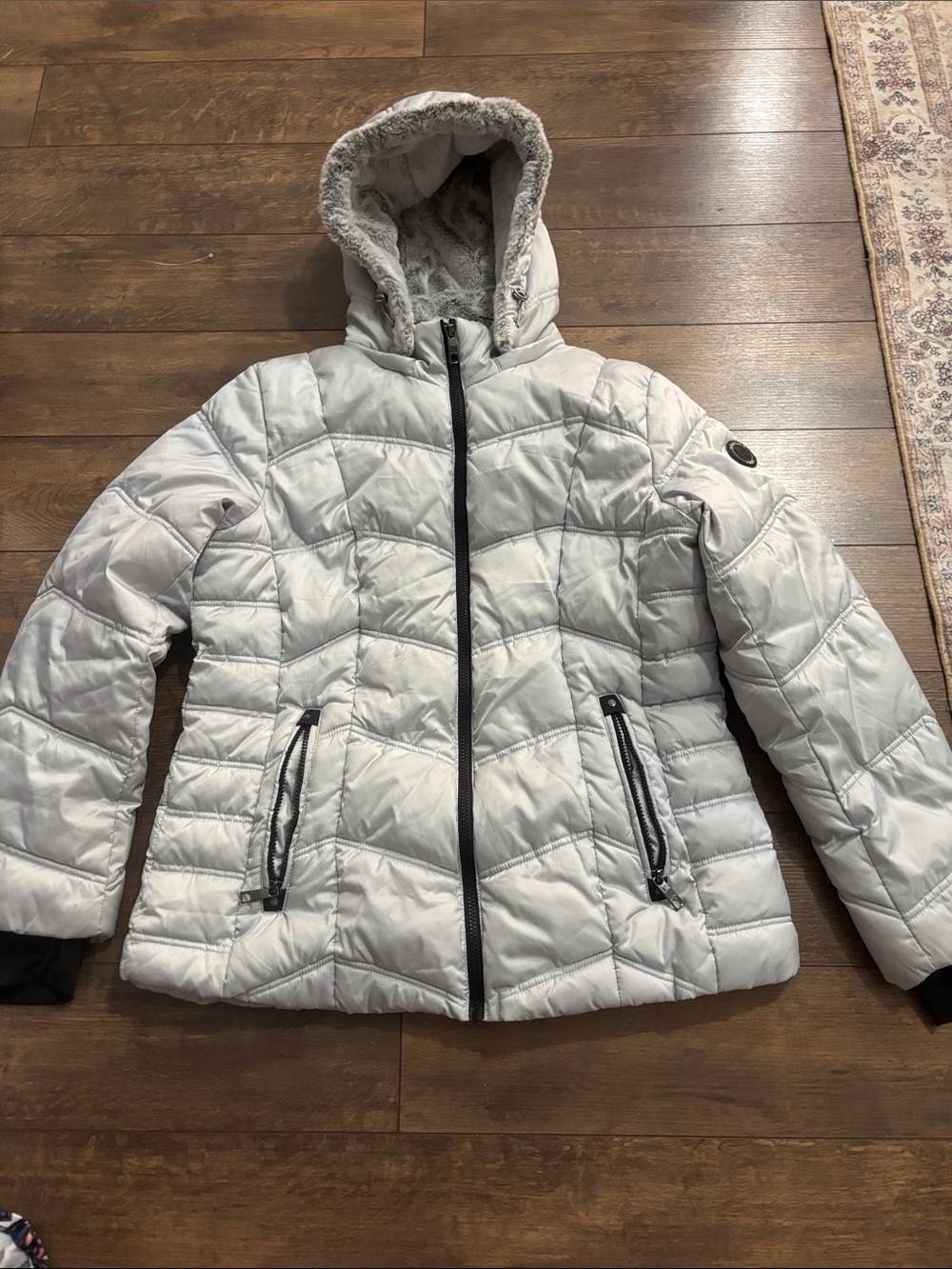 Nautica Light Gray Quilted Hooded Puffer Jacket with Faux-Fur Trim
